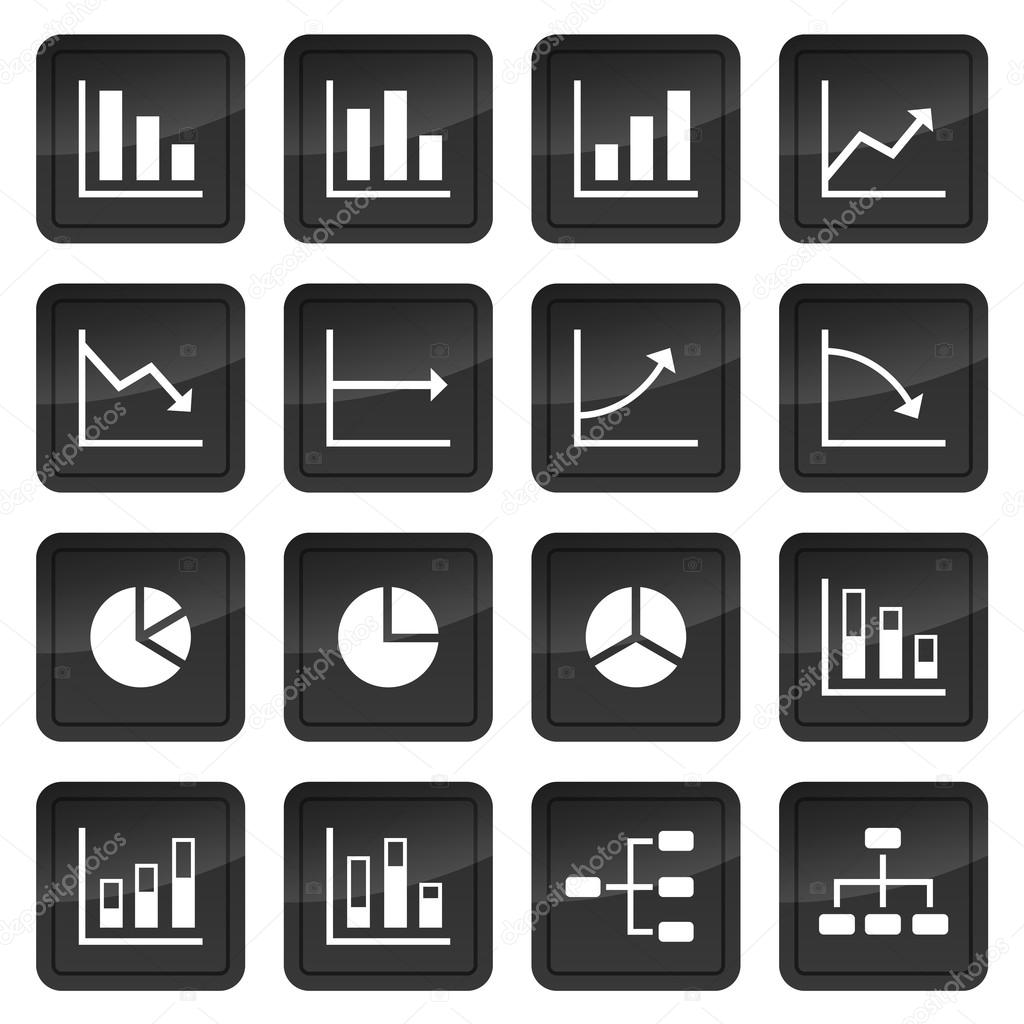 Icons of various charts and diagrams with black buttons in background