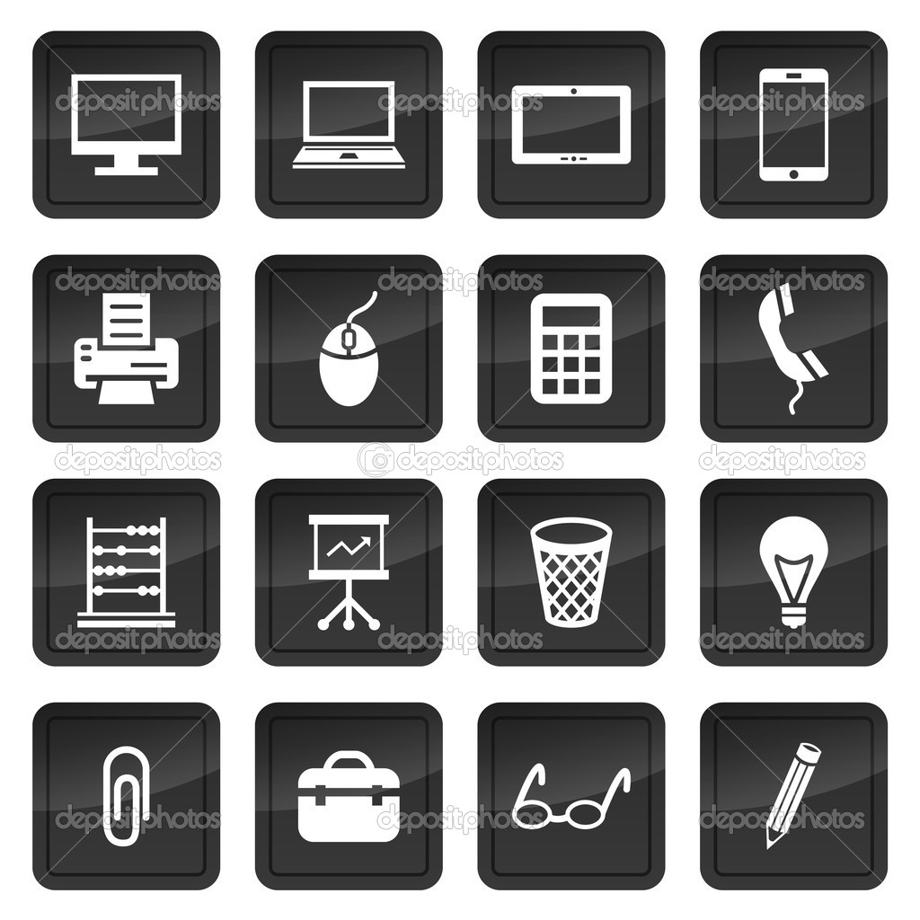 Icons of office devices and equipment with dark buttons in background