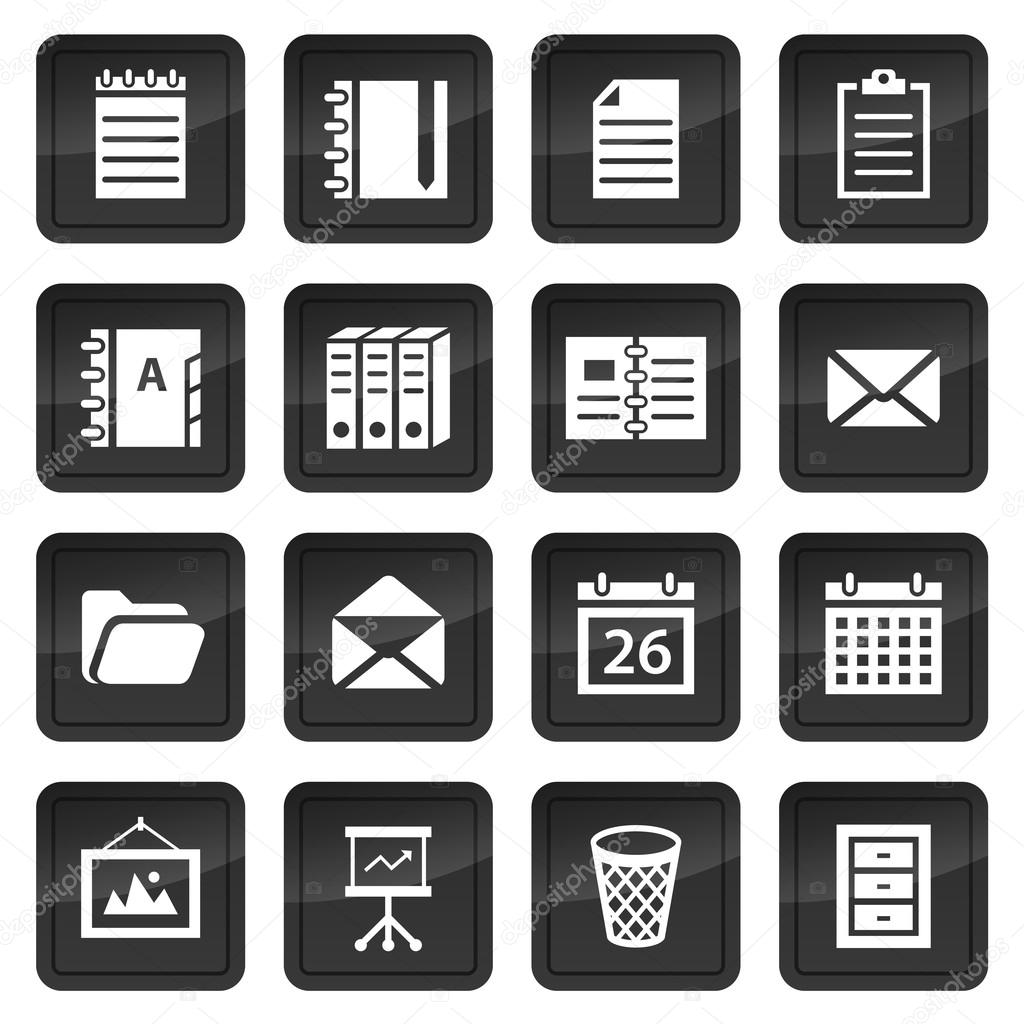 Office and document icons with black buttons with shadow