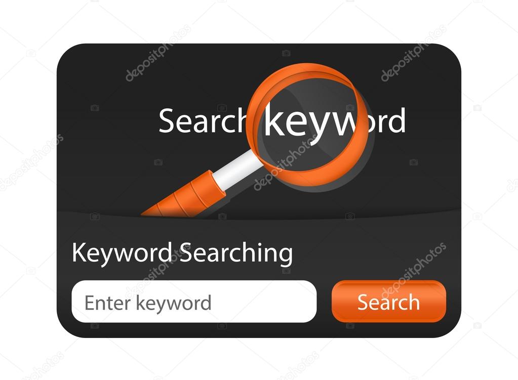 Keyword searching website element with magnifying glass.