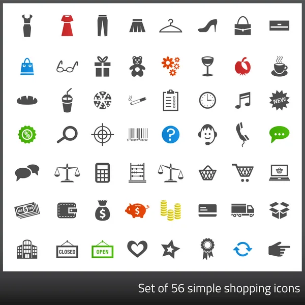 Conjunto de 56 iconos gris oscuro relacionados con las compras con fondo blanco — Vector de stock