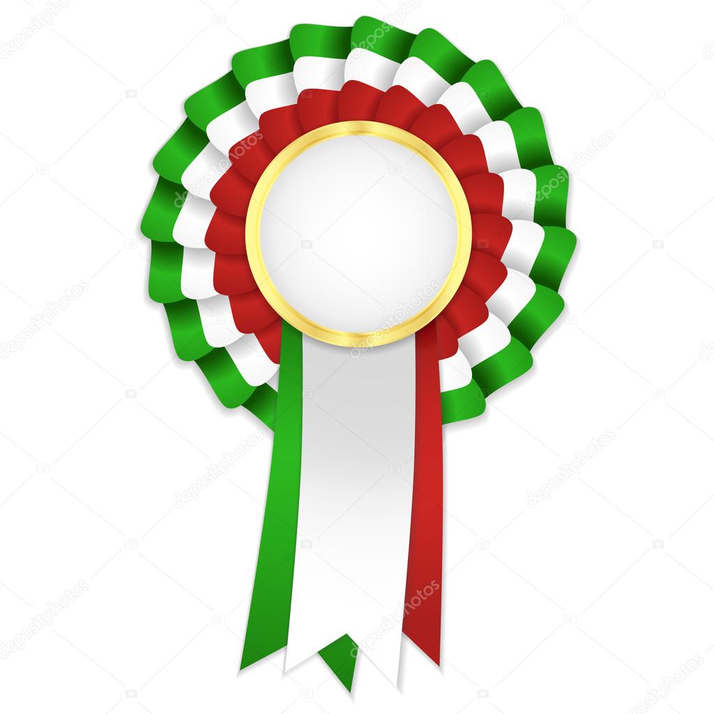 Tricolor rosette with golden frame and green, white and red ribbon