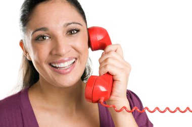 kırmızı telefon ile gülümseyen genç işleç