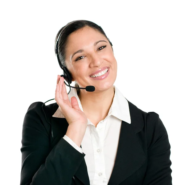 Smiling operador mulher de negócios com fone de ouvido — Fotografia de Stock