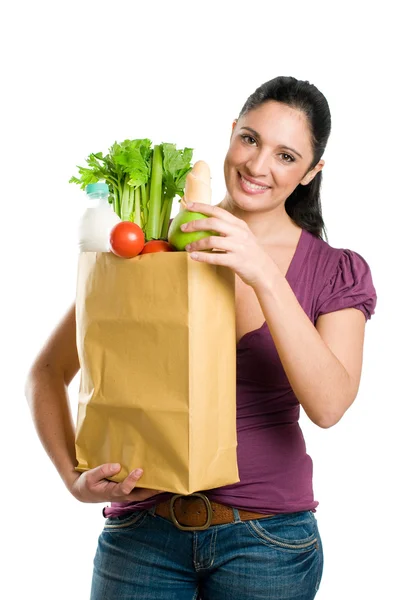 Fiatal nő gazdaság egy élelmiszerbolt táska — Stock Fotó