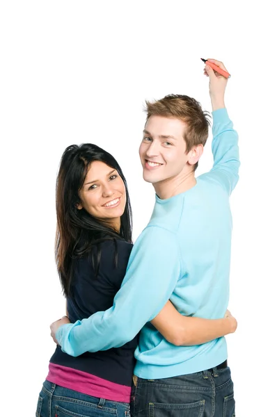Happy couple writing your text Stock Picture