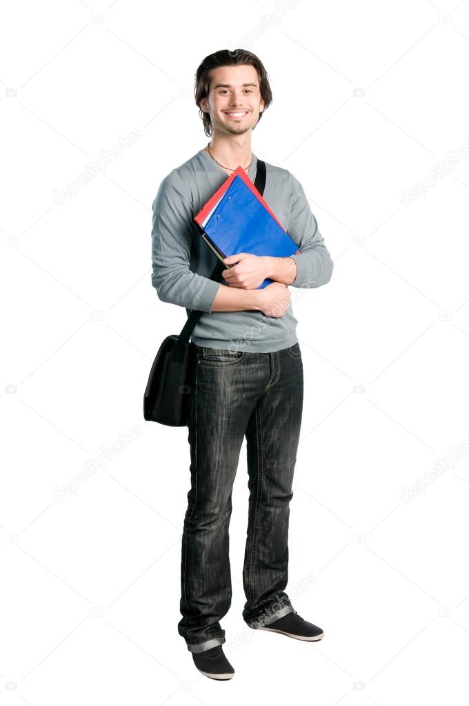 Smiling happy student standing with notes