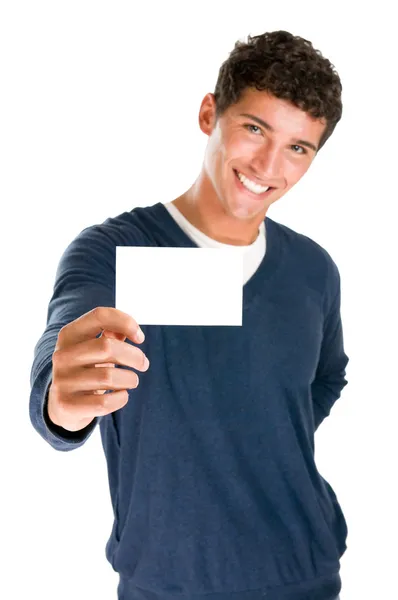 Hombre feliz sosteniendo tarjeta en blanco — Foto de Stock