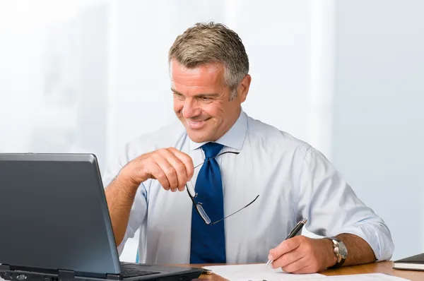 Sorrindo satisfeito empresário trabalhando — Fotografia de Stock