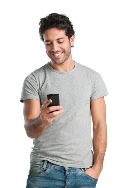 Happy guy at smart phone — Stock Photo, Image