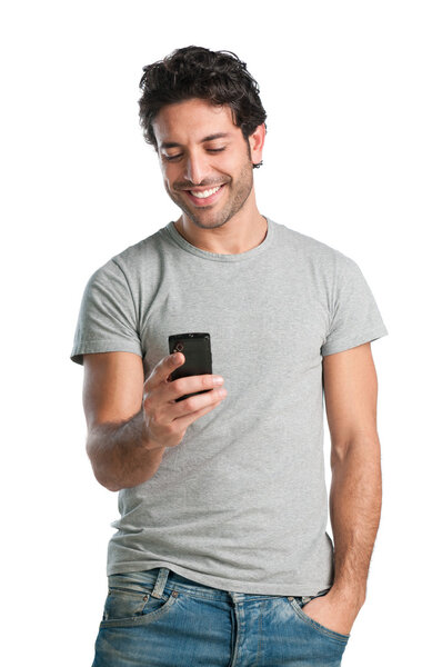 Happy guy at smart phone