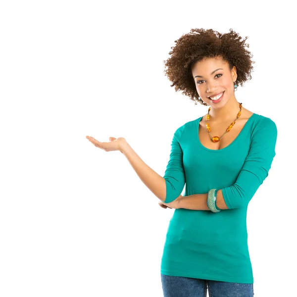 Retrato de la mujer feliz que tiene — Foto de Stock