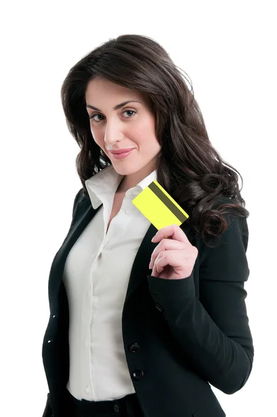 Mulher sorridente com cartão de crédito — Fotografia de Stock