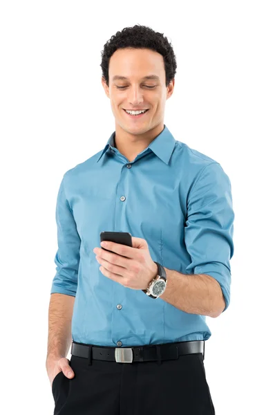 Biznesmen wiadomości tekstowe na telefon komórkowy — Zdjęcie stockowe