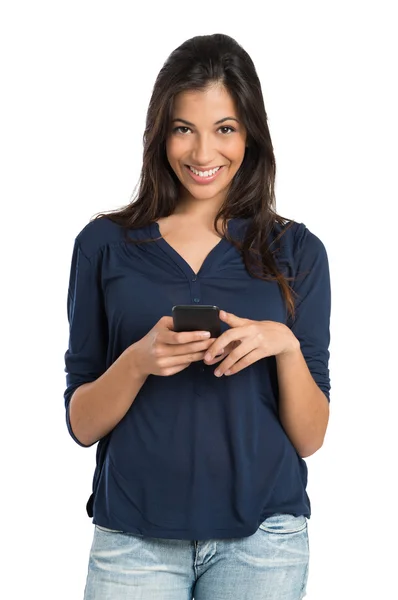 Menina feliz segurando telefone — Fotografia de Stock