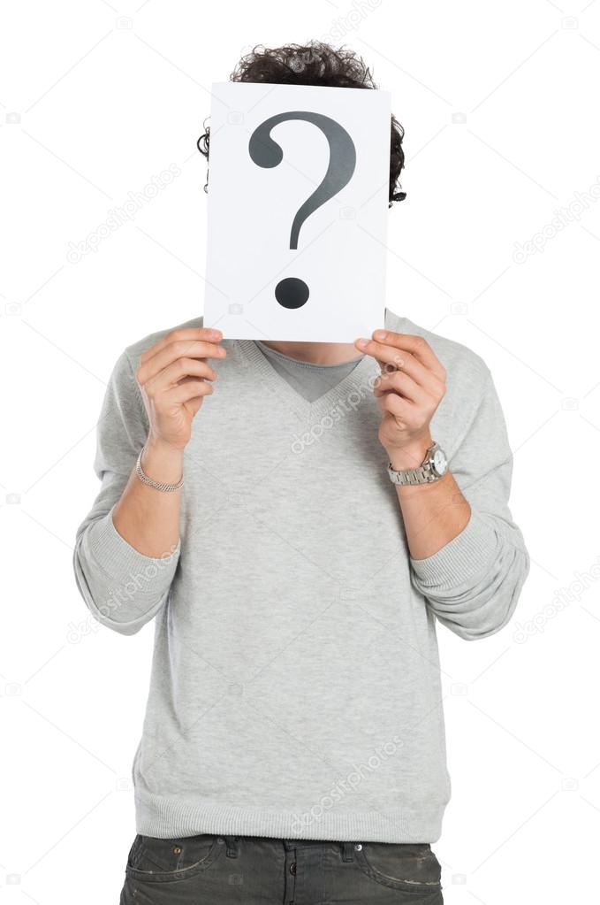 Man Behind Question Mark Sign