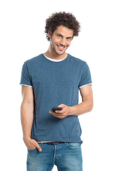 Happy Young Man Holding Cellphone — Stock Photo, Image