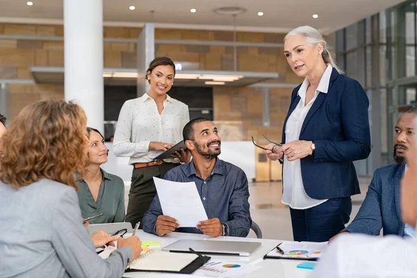 Group Mixed Race Business People Discussing Work Conference Room Senior — Stock Photo, Image