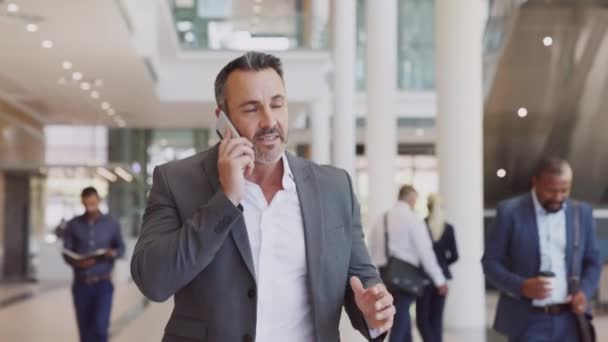 Hombre Maduro Negocios Caminando Mientras Habla Por Teléfono Inteligente Aeropuerto — Vídeo de stock