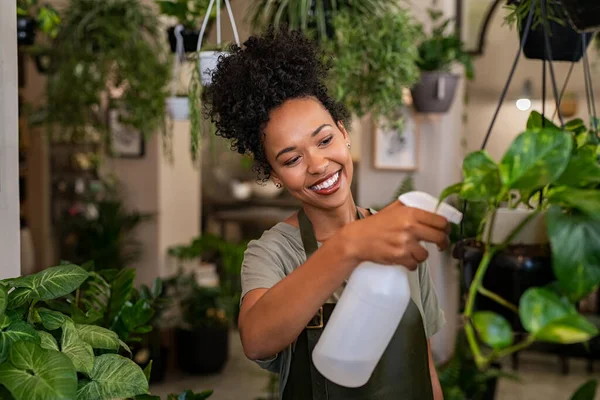 美丽的年轻的黑色花匠在浇水的同时照顾植物 非洲裔美国人店主在商店里经营和喷洒水厂 在商店里穿着围裙和浇灌植物的快乐笑脸的花匠 — 图库照片
