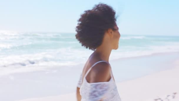 Портрет Молодой Африканской Женщины Вьющимися Волосами Пляже Улыбающаяся Чёрная Женщина — стоковое видео