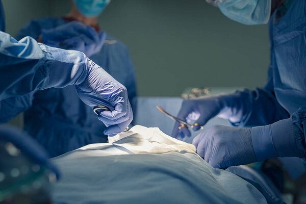 Close up of hands of medical team performing surgery at operation theater. Group of surgeons at work in operating theatre saving patient life. Detail of group of doctors hands and healthcare workers holding medical instruments and working in operatin