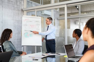 Confident mature businessman giving a presentation to team in modern office while writing on white board. Business brief with annual goals and plan with multiethnic colleagues. Mid adult leadership man training businessmen and businesswomen in confer