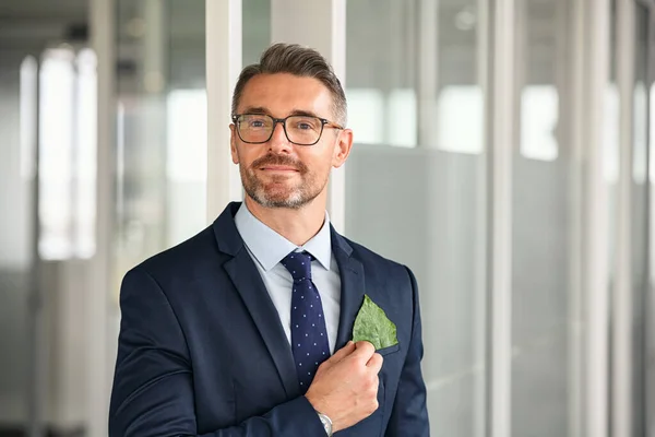 Portrait Handsome Mature Business Man Formal Clothing Touching Leaf Coat — Stockfoto