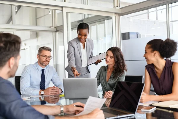 Group Mixed Race Business People Working Communicating While Using Laptop — Stock Fotó