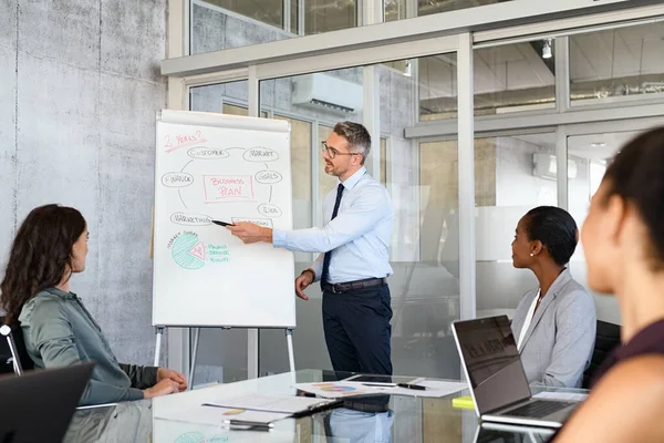 Confident Mature Businessman Giving Presentation Team Modern Office While Writing — Foto de Stock
