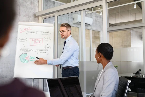 Mature businessman presenting new project to partners in office. Senior manager sharing next two year goals with staff in meeting in conference room. Mid adult leader explaining goals to his business teamwork while using white board and chart in offi