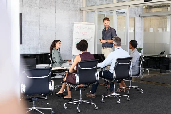 Middle Aged Manager Training Staff Conference Room Copy Space Confident — Fotografia de Stock