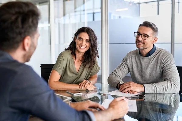 Smiling Mature Couple Meeting Bank Manager Investment Beautiful Mid Adult — Stock Photo, Image