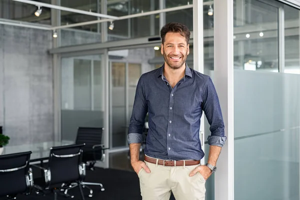 Portrait Mature Successful Man Hands Pocket Standing Office Conference Room — Stockfoto