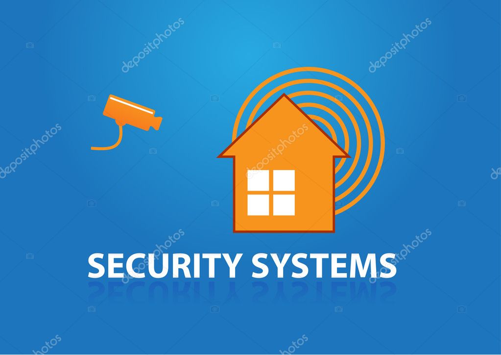 House with symbol alarm and text security systems, security camera