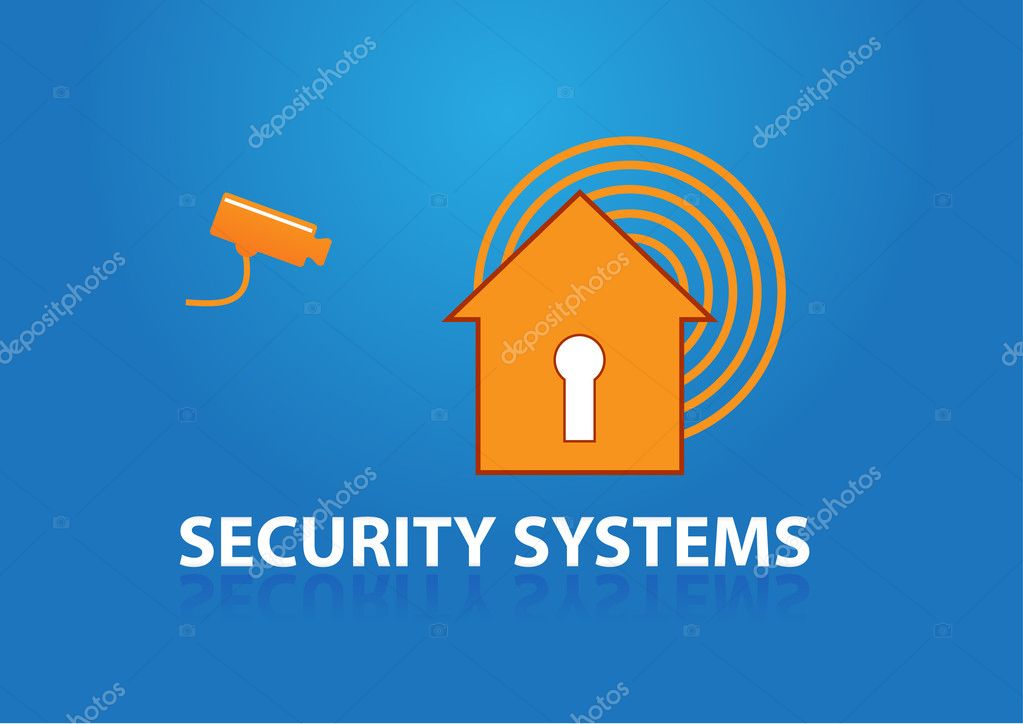 House with key holder symbol alarm and text security systems, security camera
