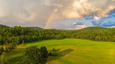 Kanada manzarasının uçsuz bucaksız ufkunda gökkuşağı. Yeşil çayır, tepedeki yemyeşil orman. Mavi gökyüzüne karşı yağmur bulutları, kara bulutların arasında güneş ışınları parlıyor. Ufukta gökkuşağı beliriyor