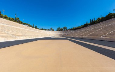 Athens, Greece - July 26, 2021: Panathenaic Stadium  or Kallimarmaro it is the only stadium in the world built entirely of marble. Rebuilt in marble by Herodes Atticus, an Athenian Roman senator