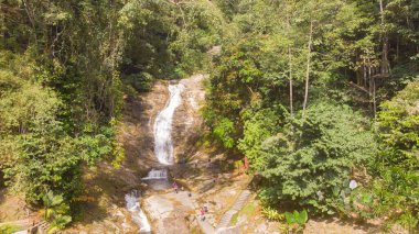 Cameron Highlands, Malezya 'da şelale. Su kayalardan küçük bir nehre yuvarlanıyor. Malezya ormanlarında gezginler için yiyecek. Yağmur ormanı deresi, sık ormanların arasında.