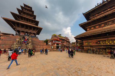 Bhaktapur, Nepal - October 29, 2021: Nyatapola Temple, tallest monument within the city and is also the tallest temple of Nepal.  Culturally important area and popular tourist destination in Bhaktapur