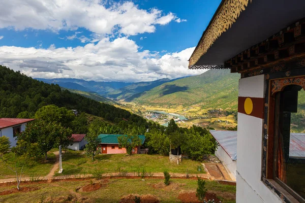 Traditional Bhutanese Architecture Scenic View Valley Bhutan Whitewashed Traditional House — Stockfoto