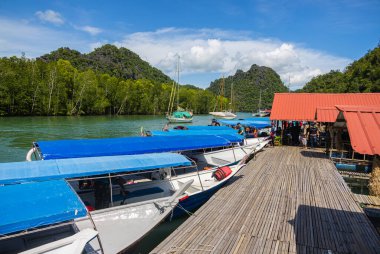 Langkawi, Malezya - 6 Haziran 2022: Langkawi adasındaki Kilim Nehri balık çiftliği. Balık çiftliği sosyal medyada yayıldı, bir turistin bir balık için 1000 'den fazla ringgit ödemek zorunda kalmasından sonra.