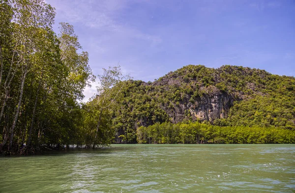 Peisaj Sau Peisaj Maritim Insula Langkawi Malaezia Bărcile Turistice Cutreieră — Fotografie, imagine de stoc