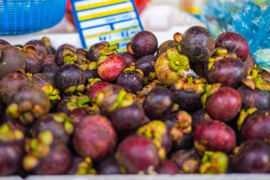 Kuala Lumpur, Malezya 'da taze bir pazarda bir grup mangosteen. Mor mangosteen olarak da bilinir. Güneydoğu Asya 'da, güneybatı Hindistan' da yetişir. Bir sepet taze mangosen.