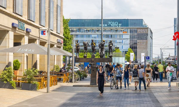 Leipzig Duitsland Juni 2022 Zicht Grimmaische Strasse Met Het Standbeeld — Stockfoto