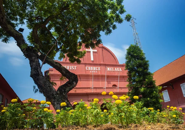 Malacca, Malaysia - August 10, 2022: Christ Church in the center of Melaka. Oldest functioning Protestant church in Malaysia. Past the trees and flowers of the park on the Dutch square or red square.