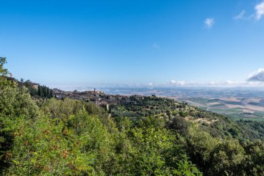 Beautiful view of Tuscany landscape and landmarks. Grapes fields and olive oil. From Montalcino to Montepulciano to Siena. Summer in Italy