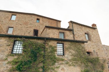 Toskana 'nın güzel manzarası. Brunello di Montalcino şarap arsaları Castello di Velona 'dan. Montalcino yakınlarındaki yaz manzarası ve simgeleri.
