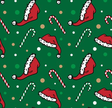 Kırmızı Noel Baba Noel şapkası ve baston şekerleme desenli çizimler.