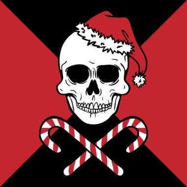 Noel şapkalı bir insan kafatası, çapraz şeker kamışlı kötü bir Noel Baba.